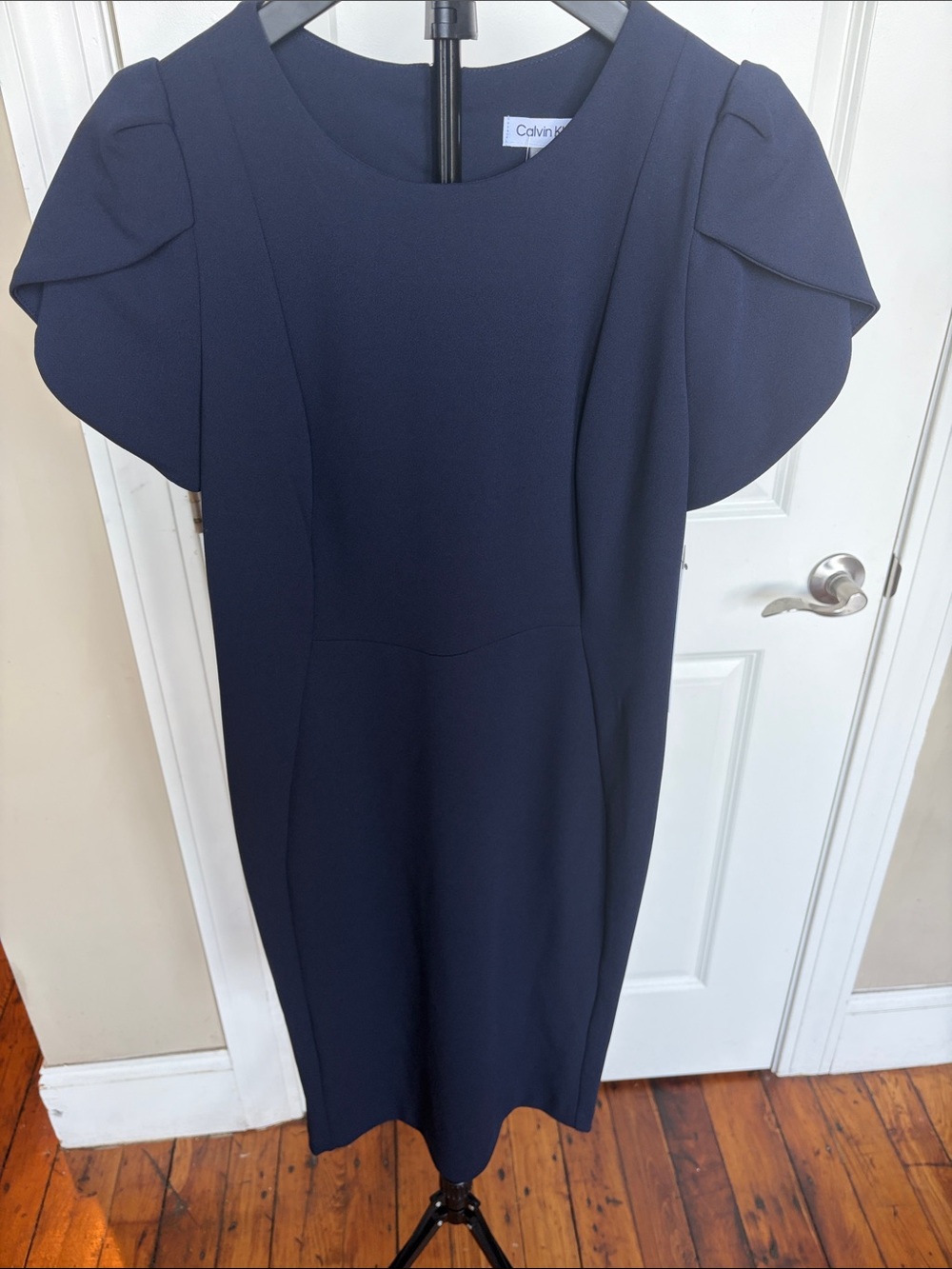 Calvin Klein Navy Midi Dress with Sculpted Puff Sleeves